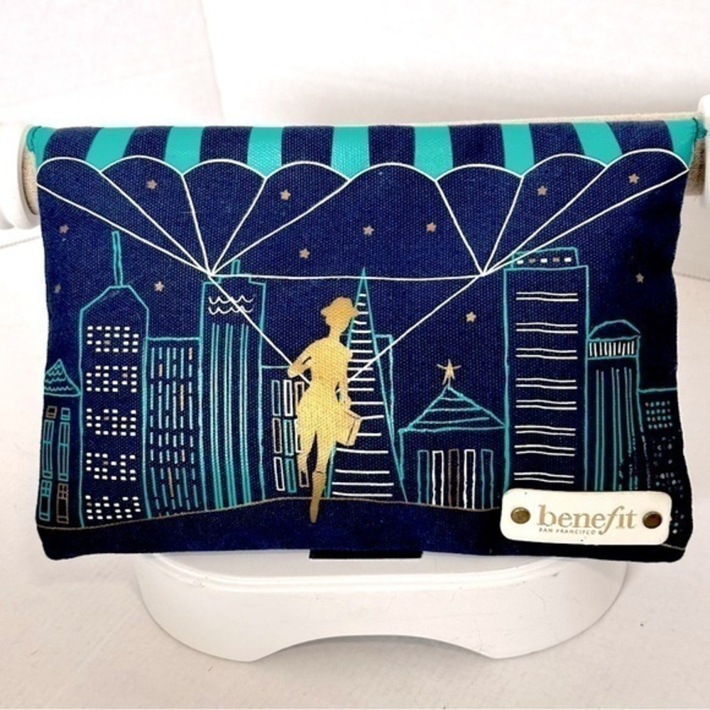 Blue Benefit San Francisco Cosmetic Clutch Makeup Bag with Snap Front